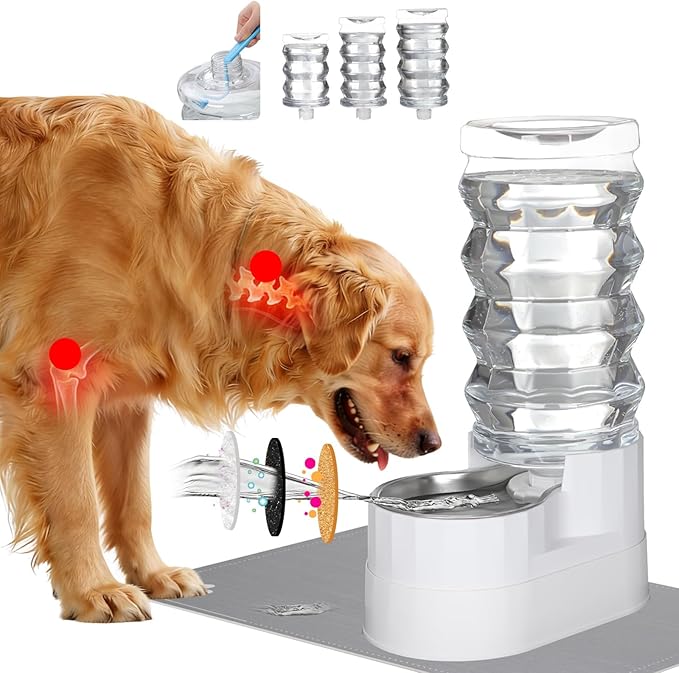 RIZZARI 9L Water Dispenser for Dogs: Ion Exchange System with Activated Carbon - Helps Prevent Urinary Stones - Supports Spinal Health in Senior Dogs - Automatic Stainless Steel Pet Feeder for Garage