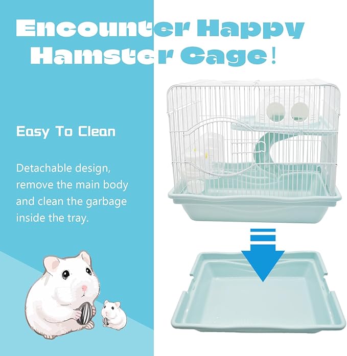 2-Tier Portable Hamster Cage and Habitats,Travel Metal Mouse Cages with Free Water Bottle,Houses and Exercise Wheel for Any Breed of Hamster and Small Animal (14.6x11.0x11.8inch Light Blue)