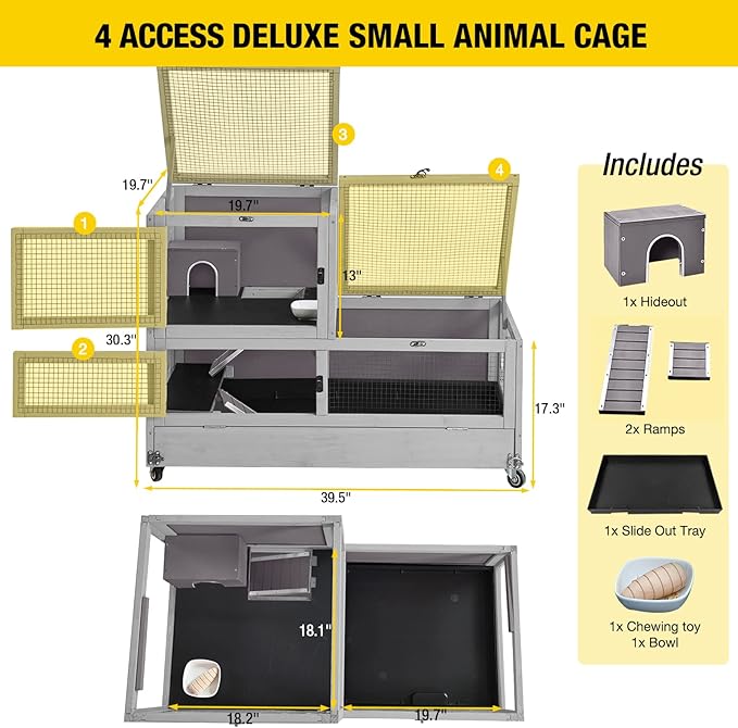 Aivituvin Guinea Pig Cage 2 Levels Wooden Rabbit Hutch with 2.36”Deeper Anti-Chewing Pull Out Tray Rat Cage with Hideout,Aluminium Alloy Edge…