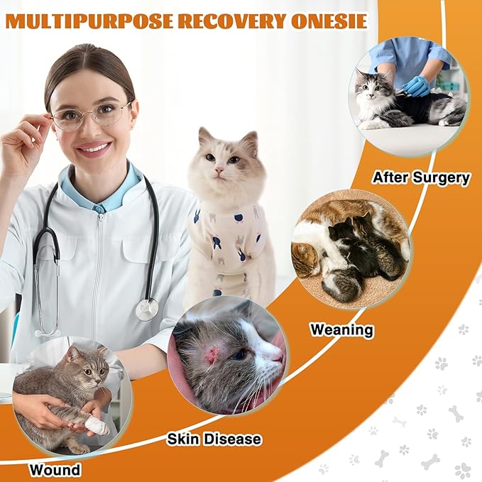 Cat Surgery Recovery Suit, Anti Licking Postoperative Onesie with Roll-Up Design, Soft Breathable Bodysuit Shirt for Female Spay Male Neuter Abdominal Wound Kitten E-Collar Cone Alternative