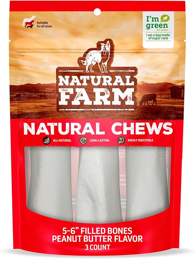Natural Farm Peanut Butter Flavor Filled Dog Bones (5-6 Inch, 3 Pack), Limited Ingredient Stuffed Dental Dog Bone Treats for Small, Medium and Large Dogs