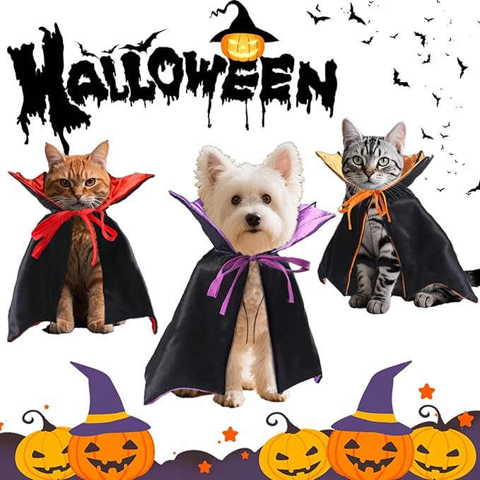 Qiansail Cat Cape Vampire Cloak Halloween Dog Costume Pet Cosplay Apparel Outfit Decor Accessories for Puppy Kitten (Black&Red)