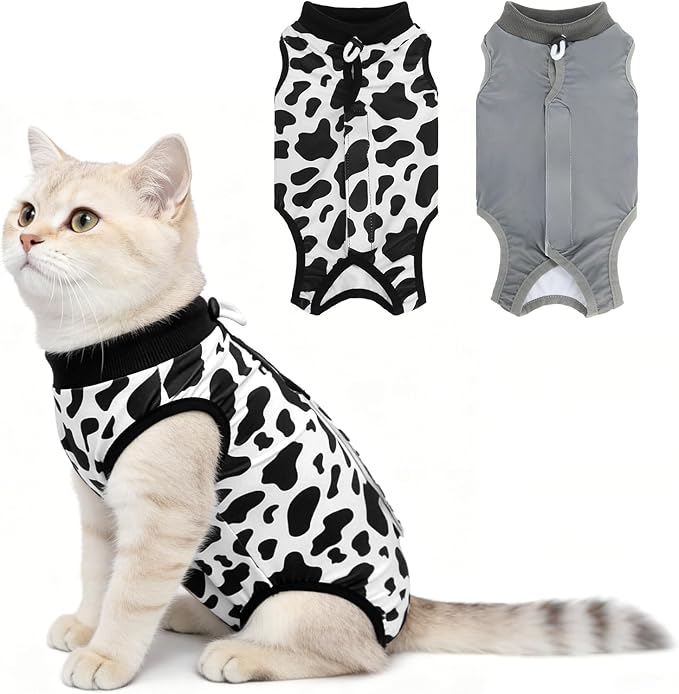 BEAUTYZOO 2 Pack Cat Recovery Suit, Cat Onesie for Cats After Surgery Female Male, Kitten Spay Neuter Surgical Recovery Body Suit Cone of Shame Alternative, Anti Lick Pet Anxiety Vest,Grey,S
