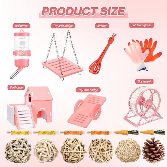 Teenyyou 24 Pcs Small Guinea Pig Starter Kit Essentials for Hamster Cage Accessories Toys House Bed Cage Cleaner Food Bowl Water Holder Carrier Bag Teething Toys Liner Tunnel for Beginner(Pink)
