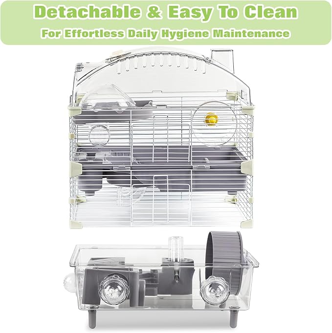 Multilevel Hamster Cage Starter Kit 18″Lx11″Wx23″H for Dwarf Hamster Under 3″ in Length with Platforms, 3 Tube Ports, Bathtub, Food Bowl, Steps, 2 Exercise Wheels, Doors, House, Water Bottle