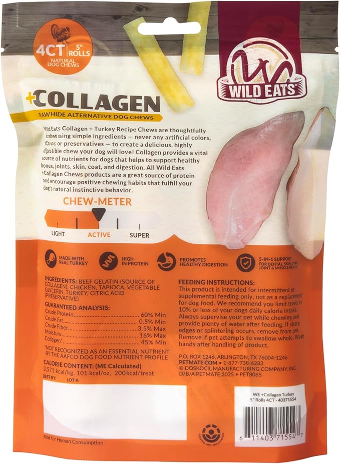 Wild Eats Turkey Flavor Collagen Retriever Style Cheek Rolls 5" Dog Chews-4 Pack (Long Lasting Dog Chews Treats & Bones for Medium Dogs) Substitute for Pig Ears for Dogs