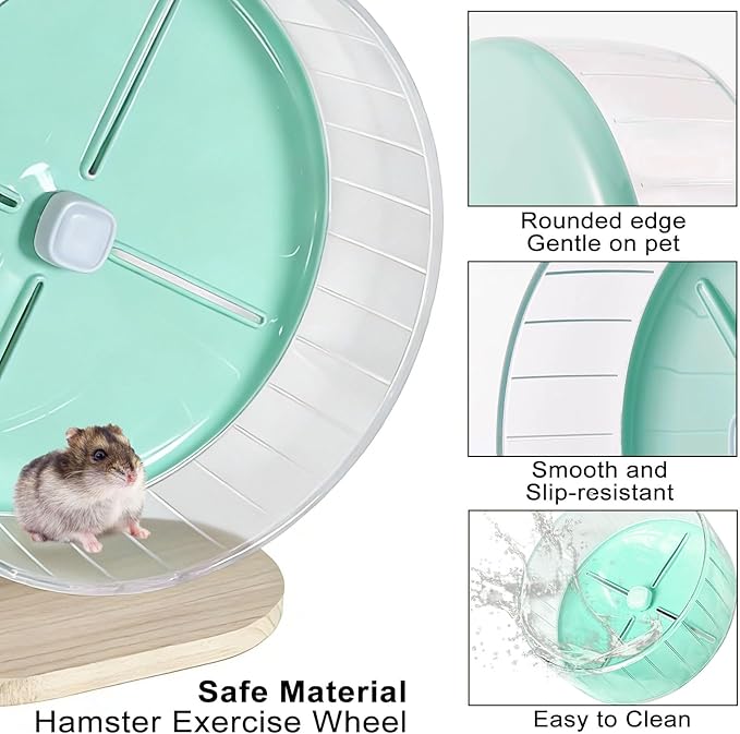 Silent Hamster Exercise Wheel,10.2 Inch Quiet Spinner Syrian Hamster Running Wheel,Anti-Skid & Adjustable Stand for Gerbils, Rats, or Other Small Pets,Green