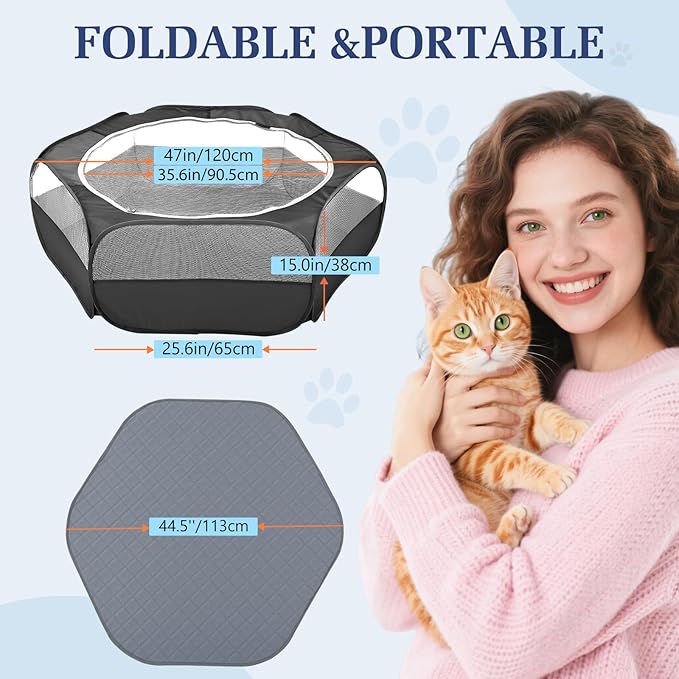 2-in-1 Small Animals Playpen with Pad, Waterproof Small Pet Cage Tent with Reusable Pad, Portable Outdoor Yard Fence with 3 Metal Rod for Chick/Kitten/Puppy/Guinea Pig/Rabbits/Chinchillas, Black+Gray