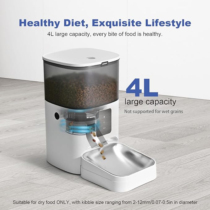 2.4G Automatic Cat Feeder, 4L WiFi Food Dispenser with 10s Voice Recorder, Pet Feeder up to 10 Meals per Day, Timed Cat Feeder with Dry Food Sealed Ring