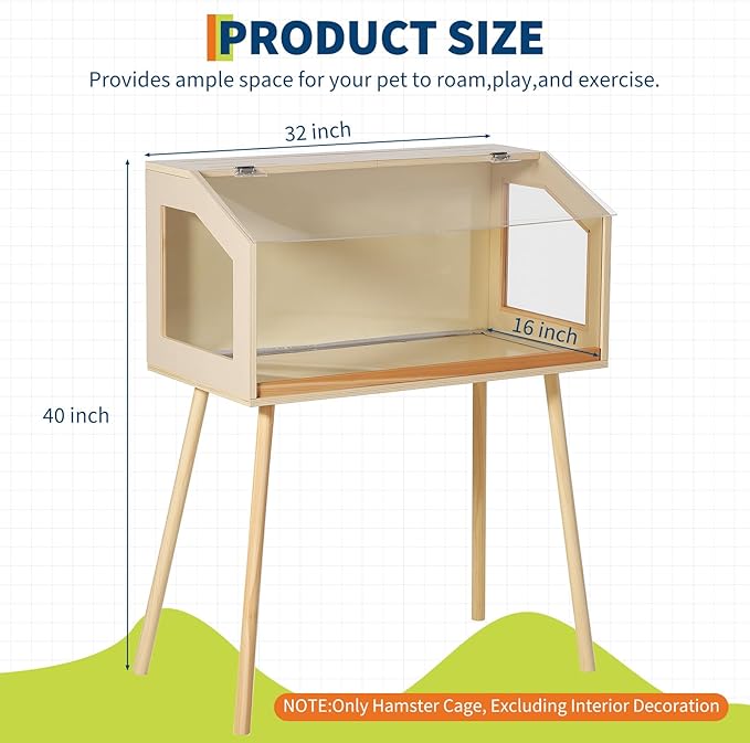 Garvee Hamster Cage with Legs, Large Syrian Hamster Habitats Enclosure with Chew Proof,Acrylic Window & Openable Top,Small Animal Cage for Guinea Pig, Chinchilla, Gerbil -32 in L x 16 in W x 40 in H