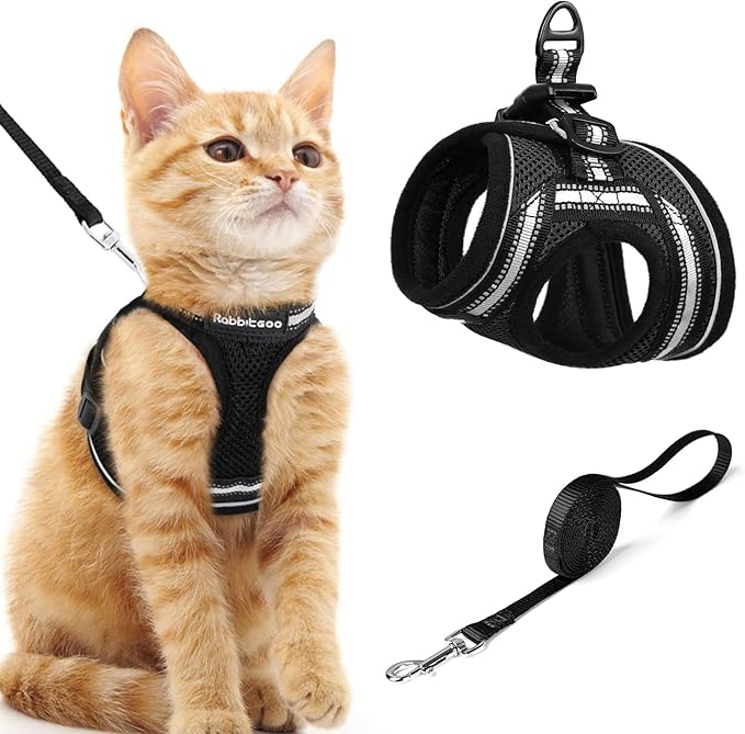 rabbitgoo Cat Harness and Leash Set for Walking Escape Proof, Adjustable Soft Kittens Vest with Reflective Strip for Cats, Comfortable Outdoor Vest, Black, M