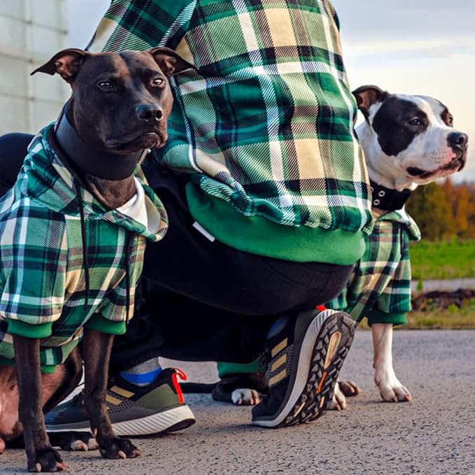 Spark Paws Dog Hoodie – Premium Dog Sweater for Small, Medium, and Large Dogs | Warm Outfits for French Bulldogs, Pitbull, Puppy, Winter Jacket Alternative - Green Plaid - 3XL