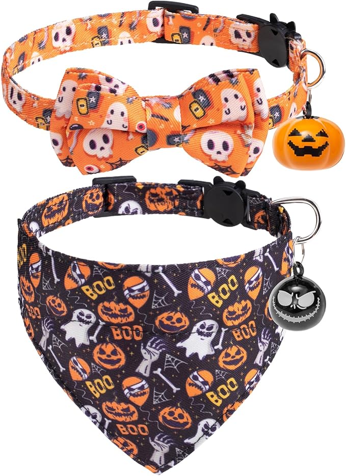 EXPAWLORER Halloween Cat Collar Breakaway with Removable Bowtie and Bandana, Adjustable Holiday Cute Kitten Collar with Pumpkin Bell, Ideal Festival Decoration Gift for Cats Puppies, 2 Pack