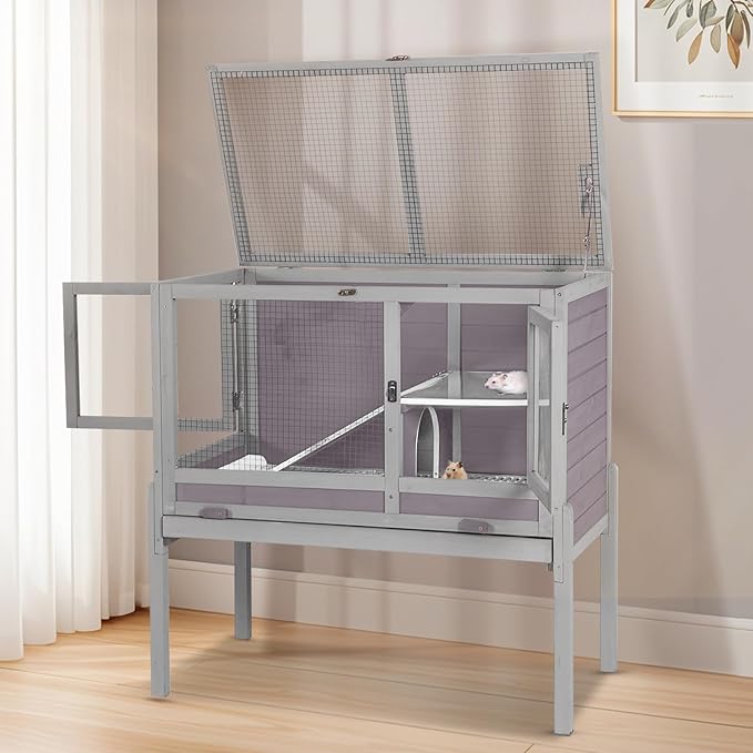Wooden Guinea Pig Cages Indoor,Two-Story Wooden Rabbit Cage Hutch with Removable Stand and Pull Out Tray, Small Animals Cage Habitat with Ramp and Plastic Mesh(Grey&Purple)