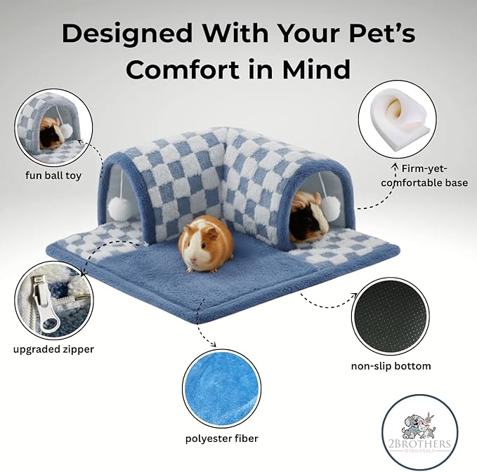 Guinea Pig Tunnel Bed – Fleece Hideout & Cozy Bed for Small Pets, Soft Washable Small Animal House and Bedding Alternative Tunnel for Guinea Pigs, Rabbits, Hamsters & Ferrets (Blue)