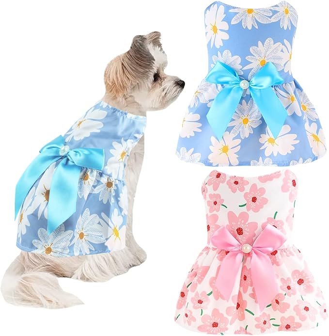 2 PCS Dog Dresses Small Dogs Clothes Outfit for Pets Puppy Dresses Floral Summer Cute Female Cat Dress(Small)