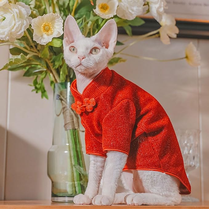 Traditional Culture Sphynx Hairless Cat Cotton T-Shirts Cat Clothes Pet Sweater Cat Vest Pet Clothes Kitten Shirts Cats & Small Dogs Apparel (Red Chi-Pao, XXL (13-15 lbs))