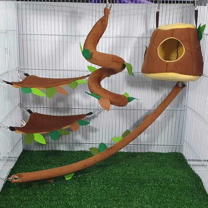 HOT! 5 Pcs Sugar Glider Hamster Squirrel Chinchillas Small Pet Cage Set Hanging Vertical Log Forest Pattern Get Free 1 Small Pet Treats, Polar Bear's Republic (Light Brown Set)