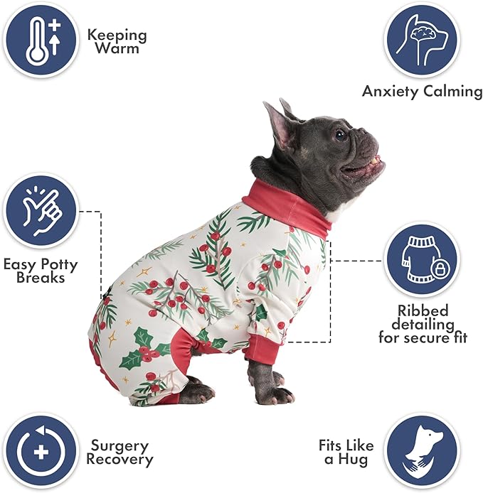 Spark Paws Dog Christmas Pajama, Dog Recovery Suit Male, Onesie, Ultra-Soft and 4-Way Stretch, for Small Medium and Large Breeds - Mistletoe - S