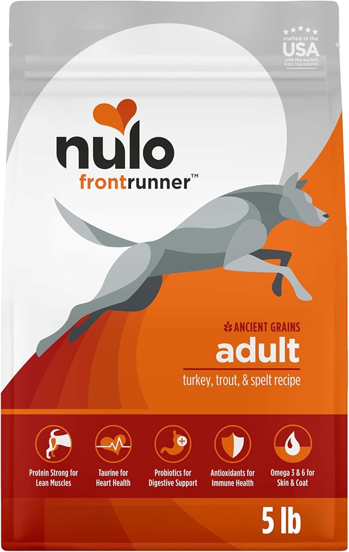 Nulo Frontrunner Dry Dog Food - Adult High-Protein Turkey, Trout & Spelt Recipe, Natural Kibble with Ancient Grains, Probiotics, Taurine, Omega 3 for Small, Medium and Large Breeds, 5lb Bag