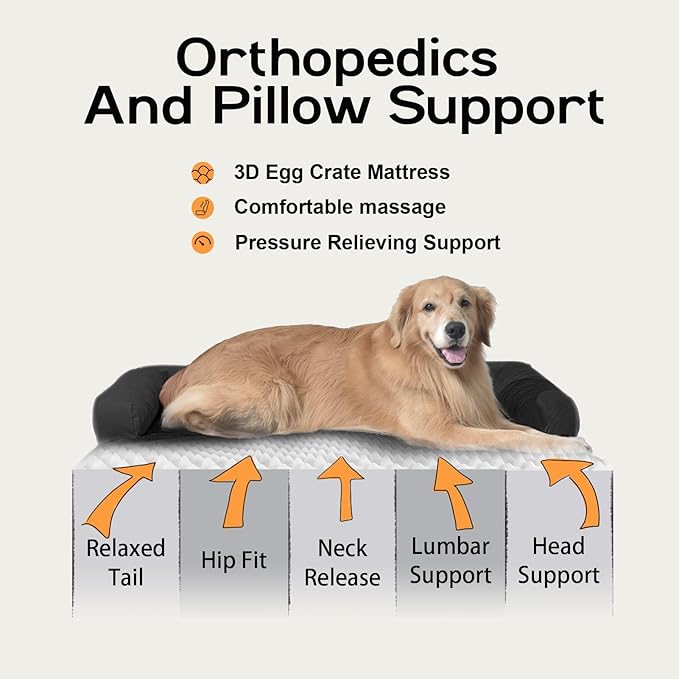 Orthopedic Bolster Dog Bed for Large Dogs – Memory Foam Cushion, Calming Support Design, Removable Washable Waterproof Cover, Non-Slip Bottom, Cozy Sleeping Space for Pets