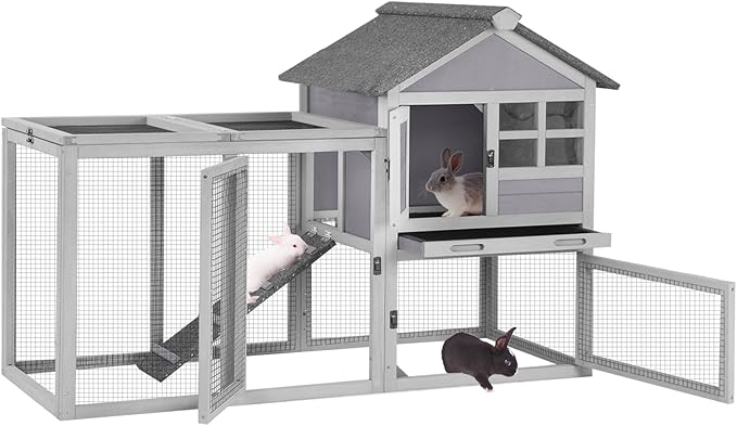 Aivituvin Rabbit Hutch 51.6''L Chicken Coop Outdoor with Run, Bunny House Guinea Pig Cage with Waterproof Roof and No Leak Tray, Grey