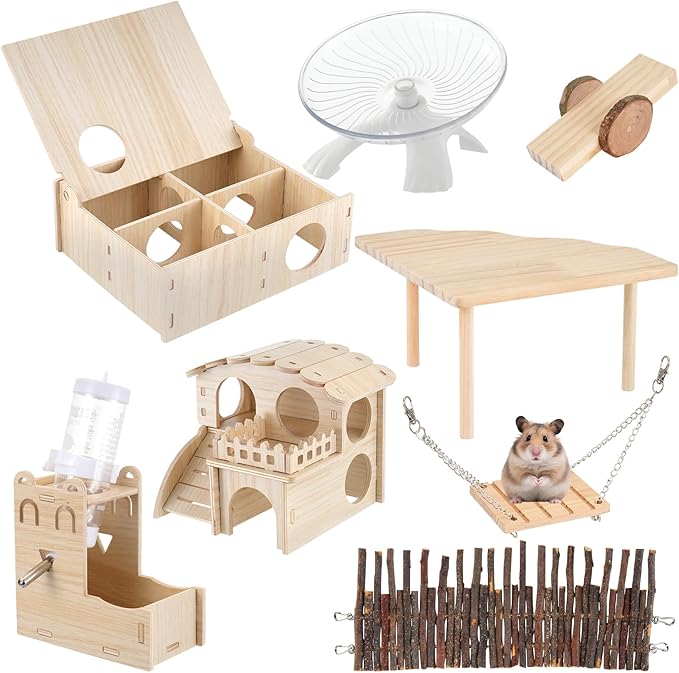 Hamster Toys Complete Set - Noiseless Silent Exercise Wheel, Maze Wood House, Stand, Chew Toys & Water Bottle Cage Accessories for Hamster, Rat, Mice Small Animal Habitat