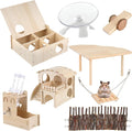 Hamster Toys Complete Set - Noiseless Silent Exercise Wheel, Maze Wood House, Stand, Chew Toys & Water Bottle Cage Accessories for Hamster, Rat, Mice Small Animal Habitat