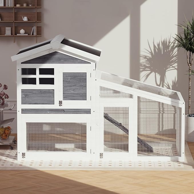 Garvee 2-Story Wooden Rabbit Hutch Indoor and Outdoor, Rabbit Cage with Removable Wire Netting and Leak Proof Tray, Weatherproof Bunny Cage with Anti-Chew Metal Frame Ramp for Small Animals Grey