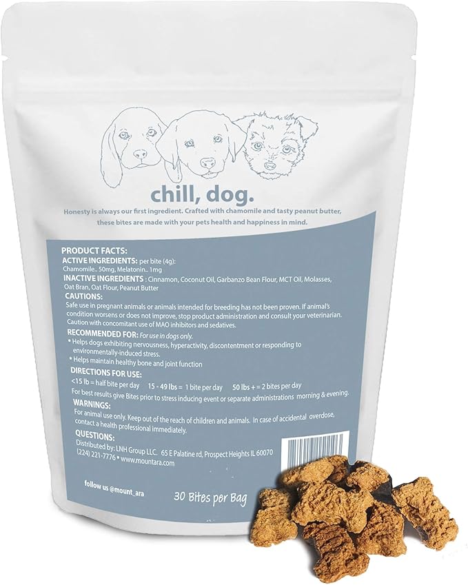 CHILL Bites Calming Dog Treats for Relaxation, Made with Peanut Butter, Chamomile, & Melatonin for Dogs, Natural Dog Treats 4 oz