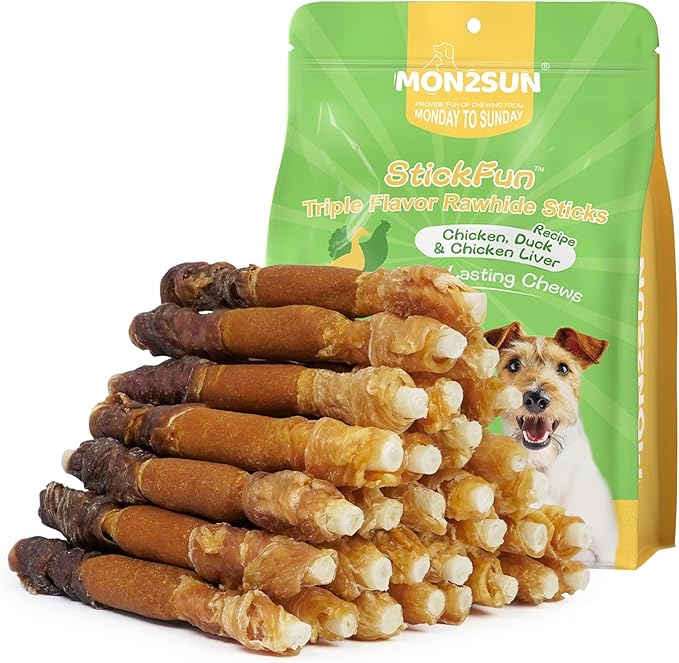 MON2SUN Dog Treats, 5 Inch Triple Flavor Chicken Pumpkin and Duck Wrapped Rawhide Sticks, Long Lasting Chews for Small and Medium Dogs, 21.16 oz (30 Count)