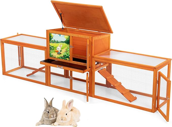 Outdoor Rabbit Hutch, 94" L x 19" W x 31" H Extra Large Bunny Hutch by COZIWOW, Wooden Rabbit Cage Indoor for Small Animals with Removable Tray & Weatherproof Roof, Orange