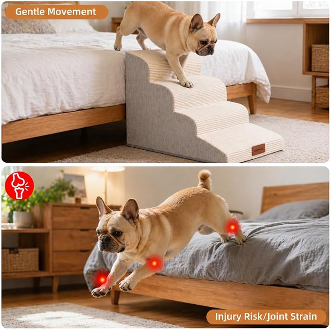 Dog Stairs for Small Dogs and Cats, 19.7" H, 4-Step Curved Pet Ramp for Beds or Couches, Non-Slip Medium Pet Steps with High Density Foam, Beige