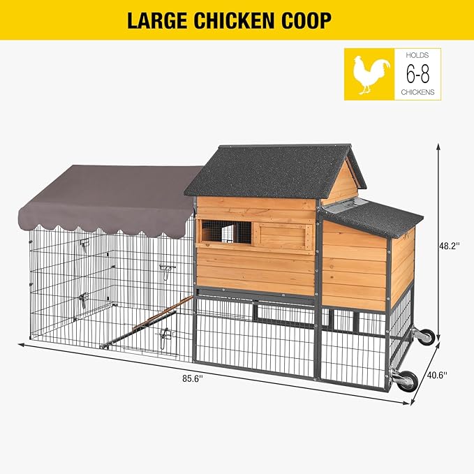 Large Chicken Coop with Upgraded Metal Frame, Wooden Poultry Cage with Outdoor Run, Chicken Tractor with Wheels, Pull Out Trays, Asphalt Roof & Lockable Nesting Box for Chickens Ducks Rabbits