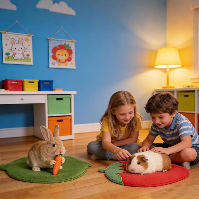2 Pcs Guinea Pig Bedding Mat Washable, Ultra Soft Fleece Warm Small Animal Beds,Absorbent Waterproof Rabbit Winter Pad for Indoor Rabbit Hamster Squirrel Hedgehog Chinchilla Ferret, Strawberry & Leaf