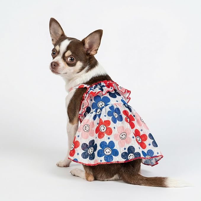 Fitwarm Patriotic Floral Smiley Face Dog Dress, 4th of July Outfit for Small Dogs Girl, Festive Pet Clothes, Red, White, Blue, Pink, XS