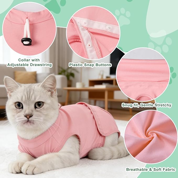 Gyuzh Cat Recovery Suit Female - Superior Comzy Cone Alternative! Breathable Onesie with Adjustable Neck, Easy Pull-On & Snap Closure. Stop Licking, Ideal for Cats & Kittens After Spay Surgery Pink M