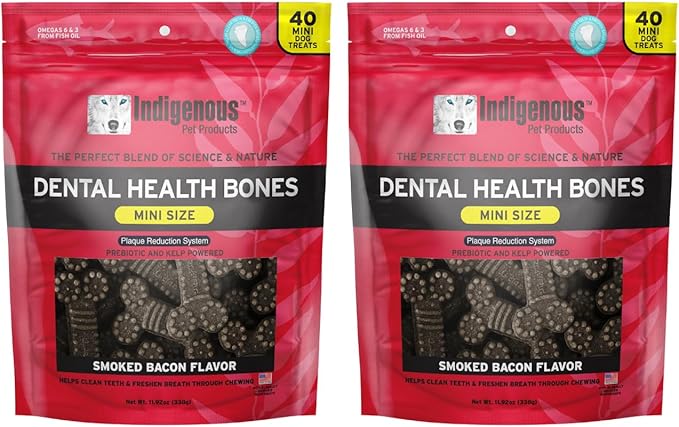 Indigenous Pet Dental Health Bones Mini 2 Pack – Smoked Bacon (11.92 Ounce x 2) | Grain-Free Dog Chews with Prebiotics & Omegas | Freshens Breath, Supports Digestive, Skin & Coat Health |