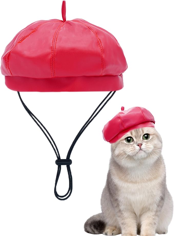 PET SHOW Dog Beret Hat for Small Dogs Cats Party Holiday Headband Cap French Leather Berets with Adjustable Chin Strap Cute Fashion Puppy Hats Pets Costumes Accessories(Red,S)