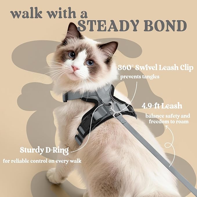rabbitgoo Cat Harness and Leash for Walking, Escape Proof Soft Adjustable Vest Harnesses for Cats, Easy Control Breathable Reflective Strips Jacket, Grey, M