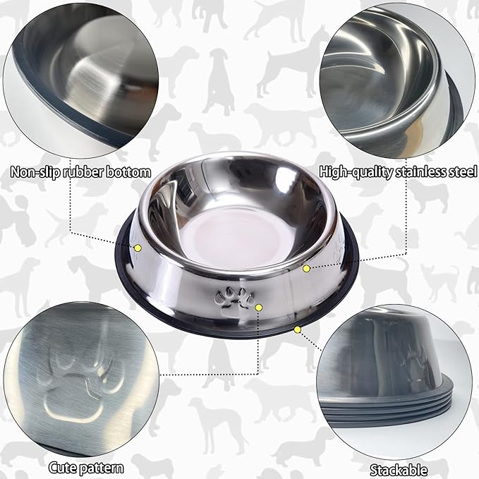 Fhiny 4PCS Stainless Steel Cat Bowls, Non-Slip Cats Water Dish with Rubber Base Stackable Pet Feeding Bowl Durable Multifunctional Replacement Whisker Fatigue Relief Plate for Kitten Puppy Small Dog