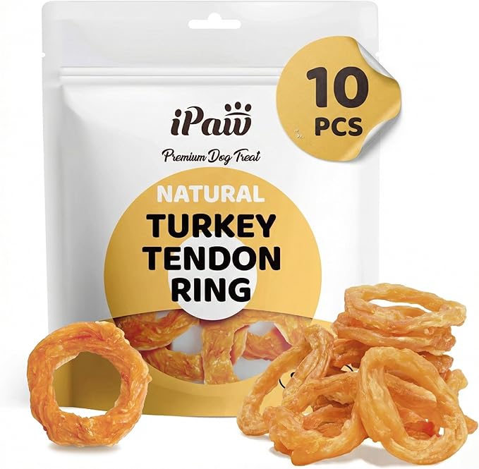 iPaw 10 Pcs Value Pack Turkey Tendons for Dogs, Single Protein, Hypoallergenic, All Natural Human Grade Puppy Chew, Rawhide Alternative Dog Treats, Ring (Small)