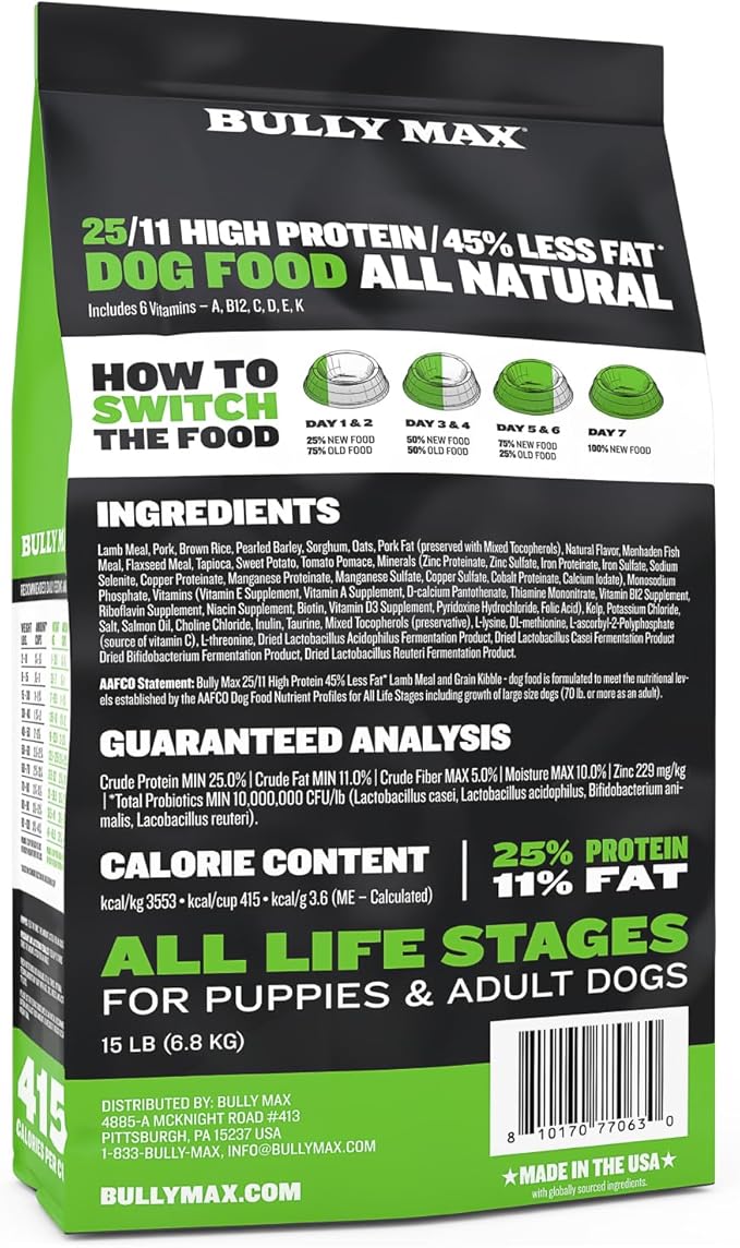 Bully Max 25/11 High Protein & Low Fat Dry Lamb Dog Food for Puppies and Adult Dogs - Chicken-Free Lamb Flavor - Natural Puppy Food for All Ages, Small and Large Breeds - Large Kibble Size, 5 lb. Bag