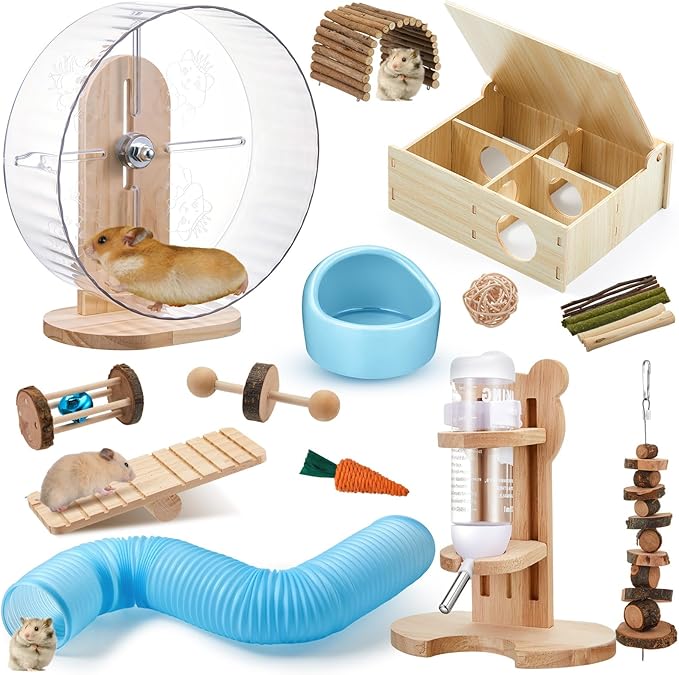 20 Pcs Hamster Toys Set, 16 Small Animal Chewing Toys, Maze Wood House, Silent Exercise Running Wheels and Water Bottle Set Feeding Bowl for Hamster Habitat Rat Cage Accessories (Blue)