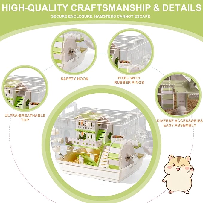 Loungewave Acrylic Hamster Cage, 2-Tier Gerbil Cage with Wooden Wheel, Small Dwarf Hamster Cage Habitat, Garden Mouse Cage for Pet Mice, Clear View Inside Easy to Clean, Green