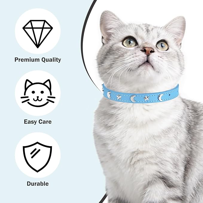 Leather Cat Collars for Boy Girl Cats with Bell and Safety Elastic Belt, Personalized Star and Moon Stud Adjustable Safe Buckle Collar for Kitty Small Big Cats Size 7-9 Inch, Light Blue