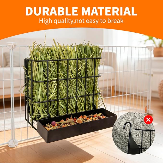 BESNEW 2 in 1 Rabbit Hay Feeder with Food Box,Upgraded Metal Guinea Pig Hay Feeder Hay-Leak Proof Bottom,Easy to Install,Bunny Supplies for Rabbit Guinea Pig Chinchilla Small Animals