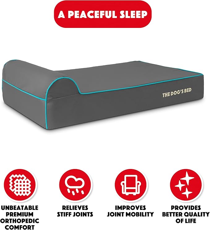 The Dog’s Bed Orthopedic Memory Foam Dog Bed with Headrest, Calming Surface – CertiPUR-Certified Foam, Oxford Fabric, Grey with Blue Trim, Large, 6-Inch