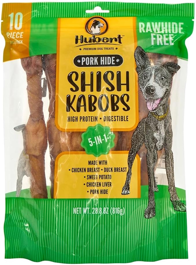 Hubert Pet Gourmet 5-in-1 Pork Hide Kabobs for Dogs: Four Flavors, 10-Inch Long-Lasting Chews, 10 Count, 1.8 lb Bag
