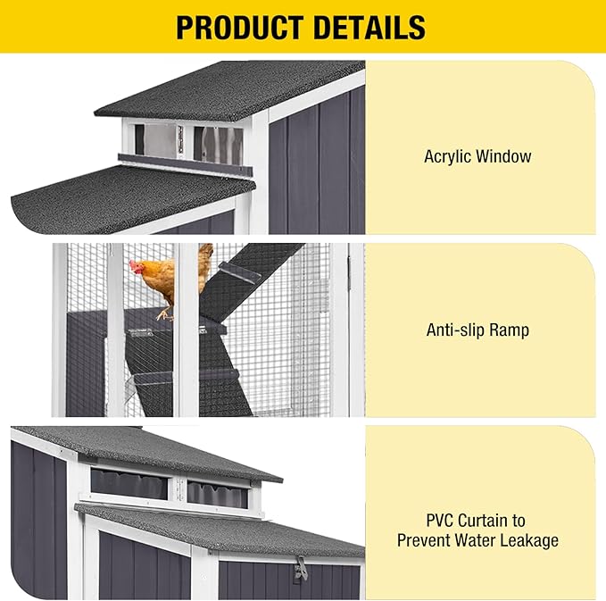 Large Chicken Coop, Wooden Chicken Coops with Nesting Boxes and Removable Tray, Waterproof Hen House with Asphalt Roof, Poultry Cage for Outdoor Backyard, Unique Folding Design (Black)